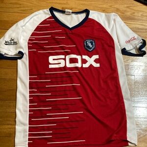 SO Red and White Jersey with V-Neck and Logo